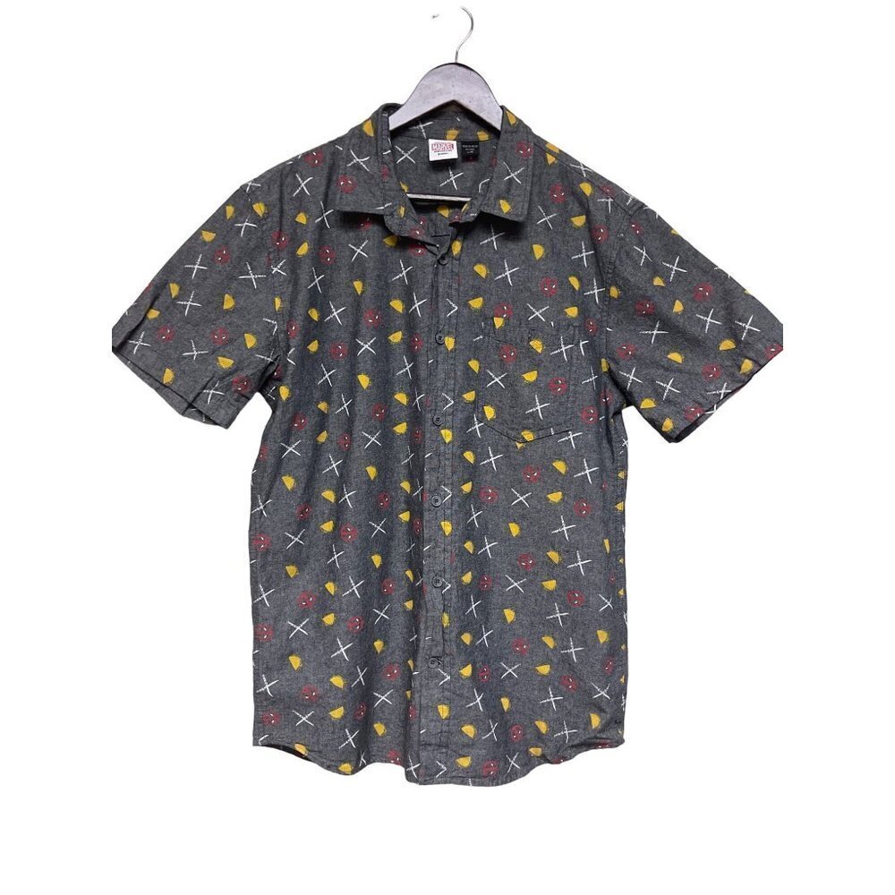 Marvel Deadpool Taco Sword Grey Black Button Down Short Sleeve Shirt Men's Large